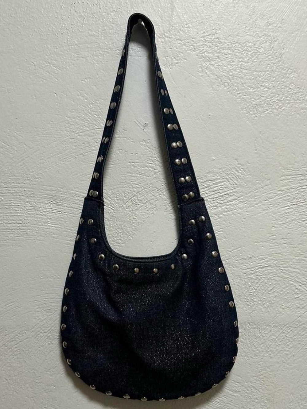 Studded Black Denim Shoulder Bag